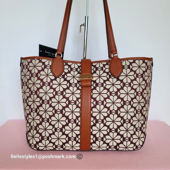 KATE SPADE Spade-Flower Jacquard and Leather Medium Open Tote- Burgundy Multi